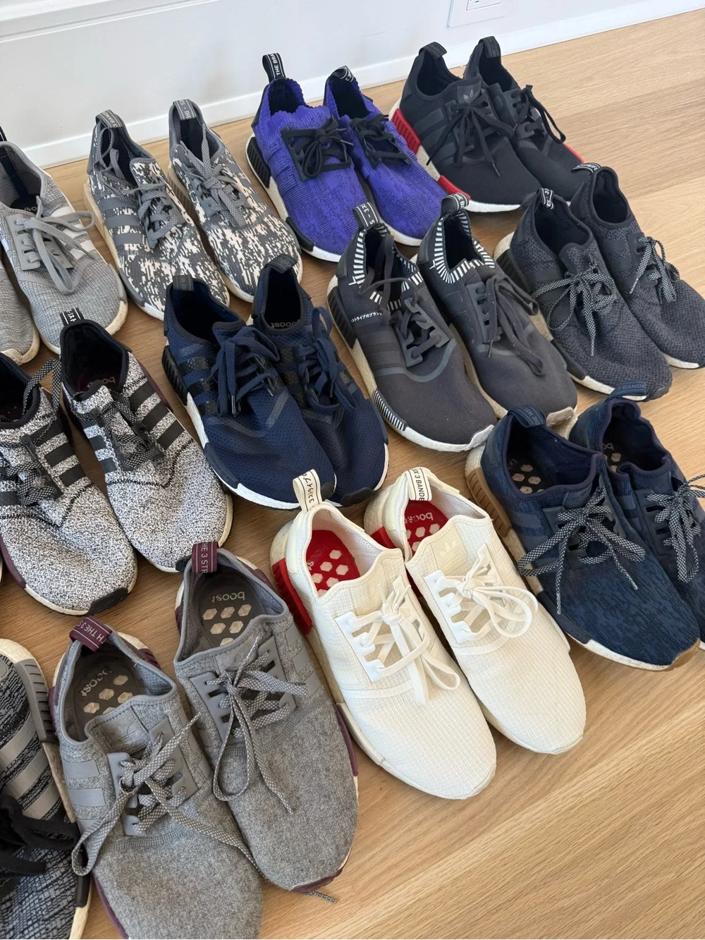 Adidas Men’s NMD Shoes 19 Pairs in Black, Navy, Gray, Purple, Cream, Tan